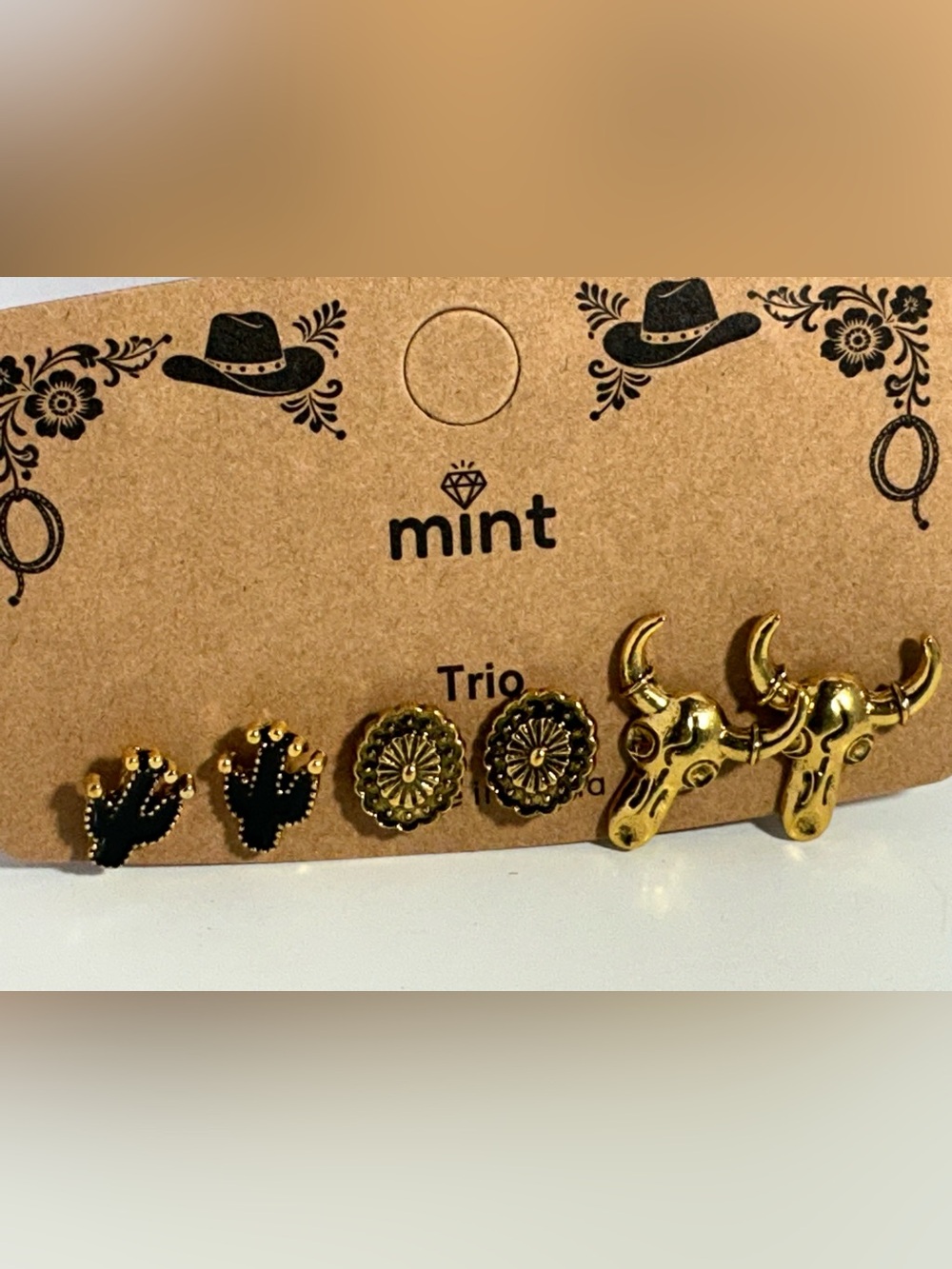 Mint Trio Earrings Set - Black & Gold Western Motifs